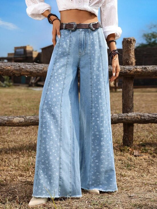 MODA ME COUTURE Denim - Blue Casual Women's Ditsy Floral Wide Leg Loose Jeans